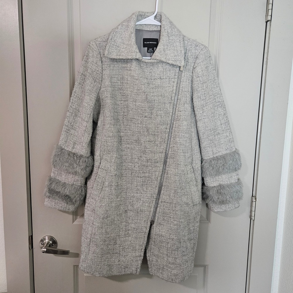 Club Monaco Gray Wool Blend Asymmetrical Zip Faux Fur Cuff‎ Coat Womens Medium